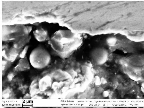 Fig. 14: Microstructure of steel 3 in the region of transition of the spall crack into the localized strain band; the impactor plate was accelerated by a charge of cast TNT.