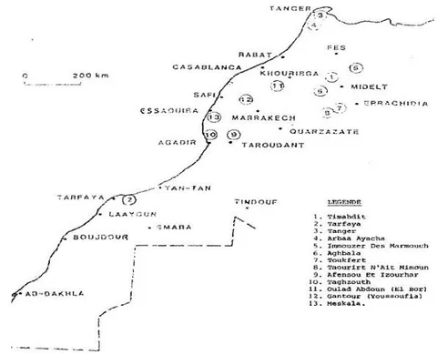 Fig. 1: Distribution of oil shale deposits in Morocco [1]