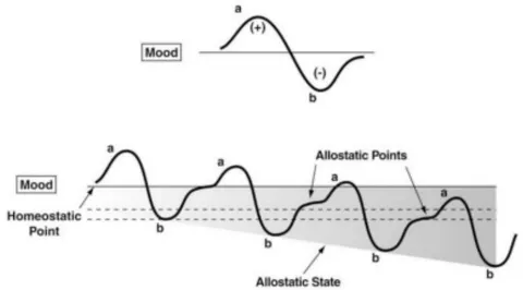 Figure 2: Progressive development of the anti-reward system from initial substance experience (top) to increasing dysphoria and allostatic load (internal physiologic stress) over time with repeated substance use. (Koob, G., 2015)