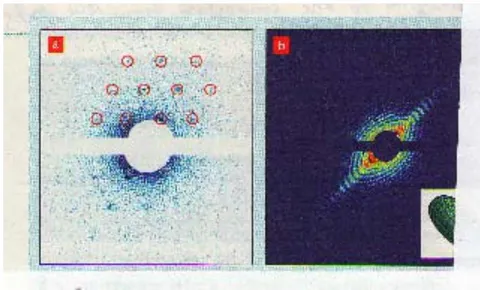 Fig. 1: Panel a: Bragg's lattice from a droplet with torus shape bulged at the equator with quantized vortices in the equatorial area Panel b: X-ray diffraction reveals elongation along the poles, light emitted through the poles, and shrunk equatorial area. Bragg's scattering was not observed because the turbulence (a series of alternating vortices and anti-vortices) was no longer present