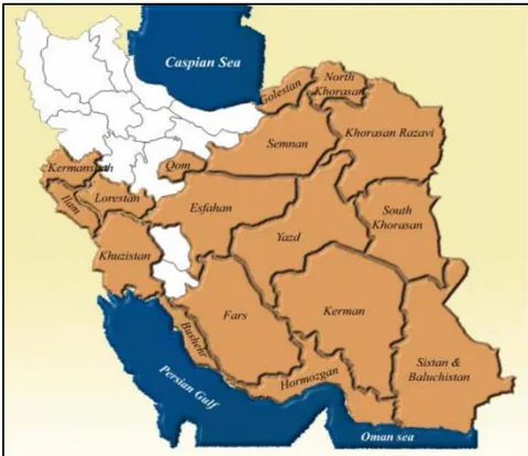 Figure 1: Map of Iran providing the province outlines, in brown the provinces that are endemic for zoonotic cutaneous leishmaniasis(1)