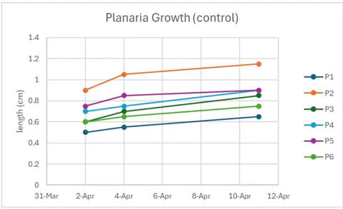 Figure 16: The graph shows the growth of the planaria in the control group over nine days. Each line represents a different planaria piece