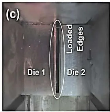 Figure 2: (a) The concept design of simulated trim die edge loading; (b) Self-aligned loading train configuration; (c) Image of specimen damaged edges viewed from fixture opening