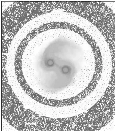 Fig. 13: Varying density of gravity particle emission emitting from a binary star merger