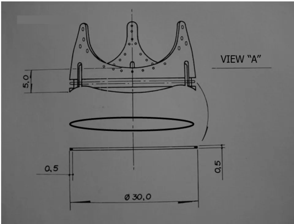Figure 1: VIEW "A": drawing in millimeters of the sinuous support for the bioprosthesis with the interchangeable framework in the front view and the ring that holds the sewing ring in the oblique view and the front view.
