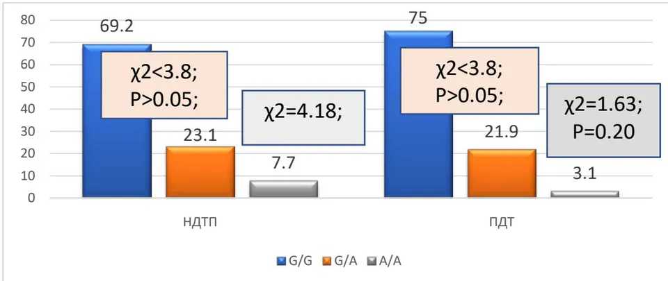 Figure 2: Associative relationships between the carriage of the genotypes of the P2RY12 gene polymorphism (rs2046934) and the development of HDTP and ADTP