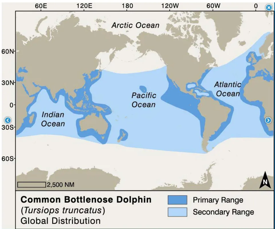 Figure 7: Known range of bottlenose dolphins are indicated in dark blue (JEFFERSON et al., 2015)