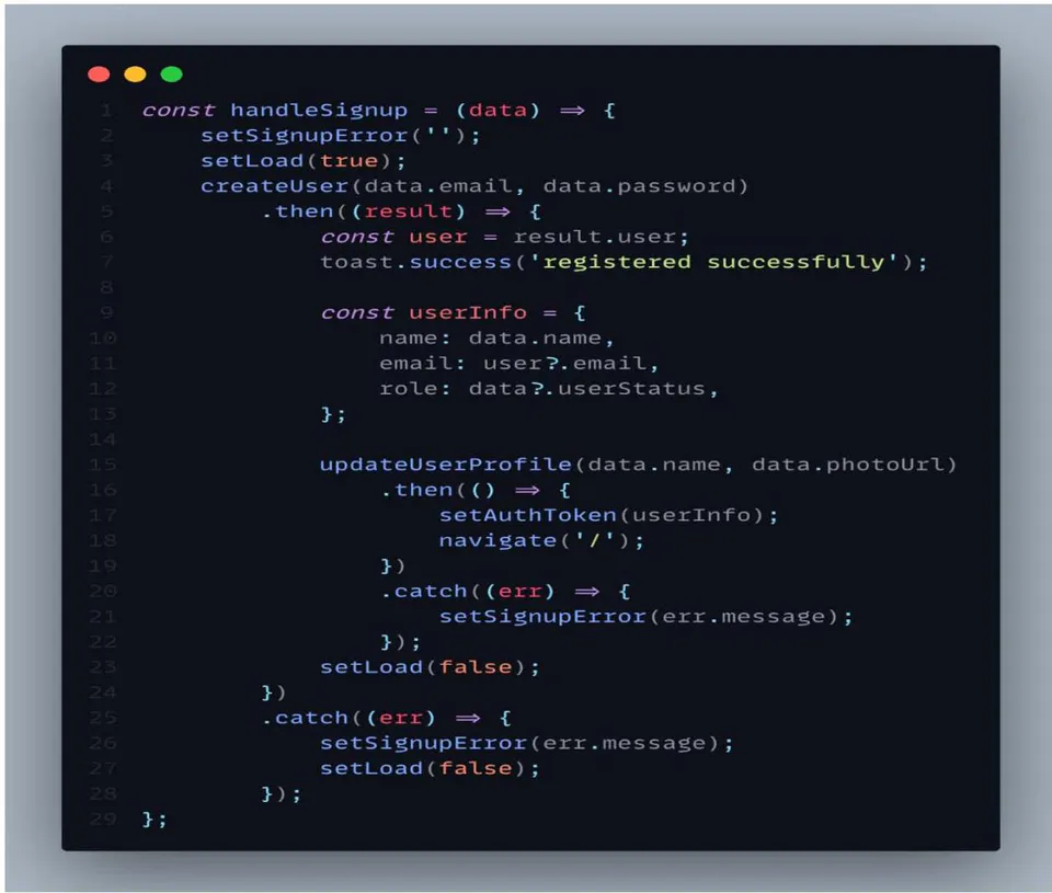 Figure 15: Code Snippet for Sign up