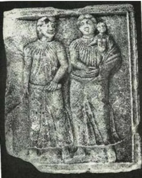 Figure 1: Dacian women on the 49th metope of the monument of Adamclisi (Tropaeum Traiani). The blouse is pleated at the collar, and the opening at the neck is made from the body of the blouse and sleeves, exactly like the Moldovan blouse [6].