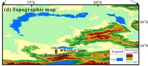 Figure 1: Climatic settings and topographic backgrounds. a: winter air pressure situation in the Eurasian continent; b: summer air pressure situation in the Eurasian continent; c: topographic background of the Central Asian Arid Zone (CAAZ); d: topographic background of the southeastern Kazakhstan (i.e., the focal area of this study).