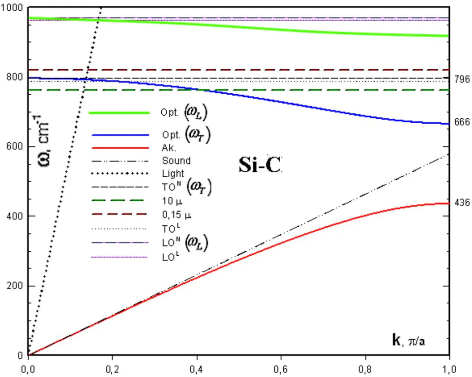 Fig. 3: Branches of transverse optical and acoustic phonons calculated by the above formula, taking into account the corresponding parameters of SiC