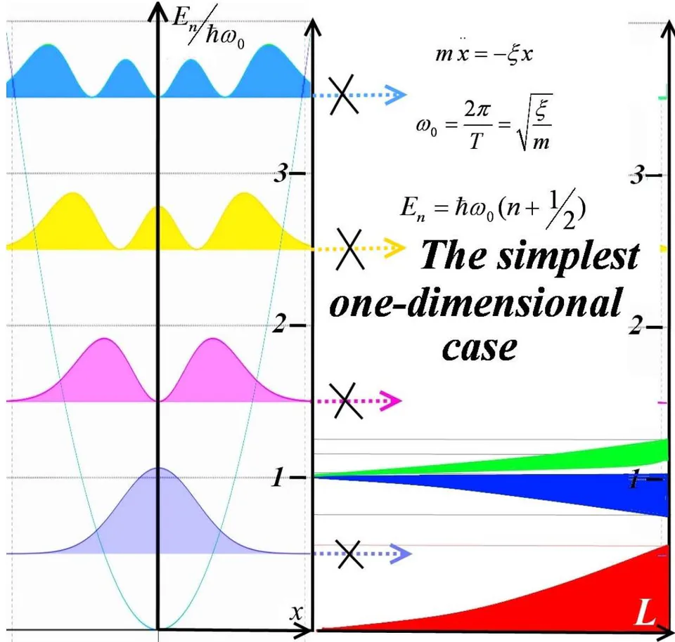Fig. 4: Transformation of the levels of the classical harmonic oscillator into the allowed zones of the observed polaritons and acoustic waves (the color of the zones corresponds to