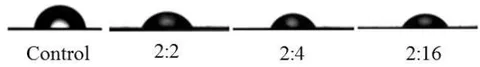 Figure 3: Image of water droplets on the UH050 control and modified membrane, with concentrations of DA:PVP of 2:2; 2:4; 2:16 mg mL-1 and deposition time of 2h.