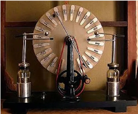 Fig. 4. Fig. 4: Electrophorus the generator Wimshurst In the generator there are two revolving in the opposite direction disks, made from a good insulator, for example ebonite. To the disks the conducting plates, which form capacitors, are stuck with the plates of opposite disk. In the process of rotating the disks the capacitance of these capacitors changes, since, the area of the overlap of the conducting plates changes. In the process of rotating the disks along the conducting plates the brushes, which connect the oppositely placed plates on both disks, slide. On both sides disks are two pairs of point contacts, located on the appropriate holders. These contacts during the rotation of disks do not concern the conducting plates, but charges on these contacts appear with the electrical breakdown between the contacts and the conducting plates. On the contacts indicated are collected the charges of the opposite signs, with the aid of which are charged Leyden jars. The holders of ball-shaped discharger are located on the Leyden jars. The Electroform generator operation diagram occurs according to the diagram represented below, where the conducting plates, which gather the charges of different signs are depicted as red and green color.
