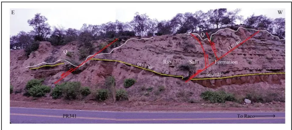 Figure 17: Outcrop of the Río Salí Formation (Miocene) on Provincial Route 341 (PR341). Withyellow lines, the strata are delimited. The red lines mark the faults. White lines mark the contact between the Río Salí Formation and the Quaternary. Fault data indicates dip direction/dip.