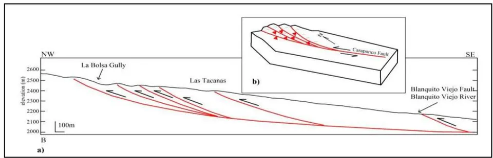 Figure 6: A: Topographic profile B showing the positive relief and the hills formed in the foothills of the Cumbres Calchaquies, generated by reverse faults, configuring a rough surface limited by deep ravines. B: The plant diagram shows an interpretation of the geometry of interposed contractional fans drawn based on the distribution of the drainage network in Figure 3 and the attitudes of the fault planes.