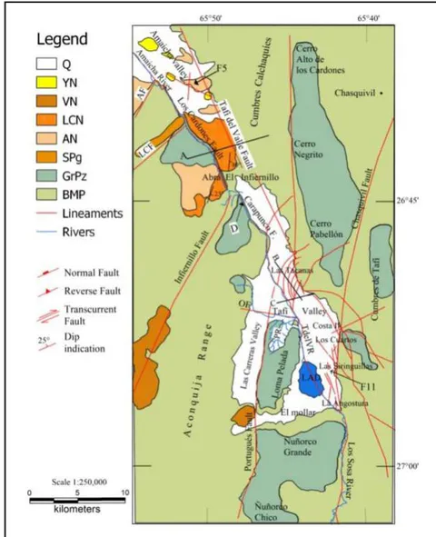 Figure 3: Morphotectonic map of the Tafi and Amaicha valleys. It shows the depressions of Tafi and Amaicha and the regional structures that gave rise to them. In addition, they do indicate the larger geological units that condition the fracturing that gave rise to the valleys. In this scheme, the recently generated structures deforming the foothills were drawn with red lines. Q: Fluvio- eolian deposits, Quaternary. YN: Yasyamayo Formation, Neogene. VN: Volcanic rocks, Neogene. LCN: Los Corrales Formation, Neogene. AN: Andalhuala Formation, Neogene. SPg: Saladillo Formation, Paleogene. GrPz: Paleozoic granites. BMP: Proterozoic early - Paleozoic Basement. AF: Aconquija Fault. LCF: Los Corpitos Fault. LAD: La Angostura Dam. OF: Ovejería Fault. PR: Pelado River. A: Profile Figure 4. B: Profile Figure 6. C: Profile Figure 8. D: Profile Figure F10. F5: Profile Figure 5 location. F11: Figure 11 location.