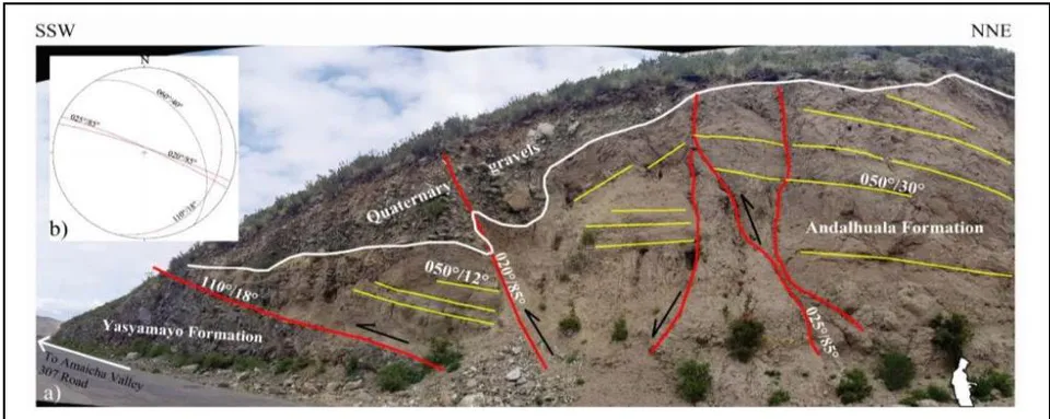 Figure 5: A: Photographic illustration in the Amaicha Valley. A reverse fault places the Andalhuala Formation on the Yasyamayo Formation. Other faults also affect quaternary gravels. The white lines mark the contacts of the sedimentary units. Yellow lines indicate bedding. Red lines identify structures. On the lower right edge, in white, a person's half-length silhouette indicates scale. B: Diagram of resulting fractures represented in Schmidt's equiareal network, lower hemisphere. Los Cardones fault in blue line. In red lines faults in this figure.