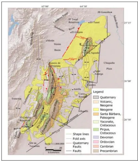 Figure 14: Map of the Santa Barbara System. F16: Figure 16 location. F17: Figure 17 location. Fold contour shape lines were drawn primarily to indicate the location of buried folds. These lines also allow us to see the curved geometry that the folds acquire due to neotectonic deformation. Dashed red lines indicate blind faults, showing activity without surface expression (Zeckra, 2020).