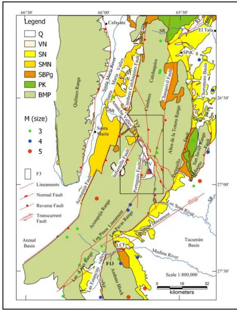 Figure 2: Morphotectonic map of the Sierra de Aconquija and Cumbres Calchaques. It shows the depressions of Tafi and Amaicha and the regional structures that gave rise to them. In addition, they do indicate the larger geological units that condition the fracturing that gave rise to the valleys. The location of seismic epicentres and their magnitudes are shown. Q: Fluvio-eolian deposits, Quaternary. VN: volcanic rocks, Neogene. SN: Sedimentary, Neogene. SMN: Santa Maria Group, Neogene. SBP: Santa Barbara Subgroup, Paleogene. PK: Pirgua Subgroup, Cretaceous. BMP: Metamorphic Basement, Proterozoic. 3, 4, and 5M: Seismic magnitude. SR: Salí River. SPdC: San Pedro de Colalao. RF: Rearte Fault. AR: Amaicha River. TVF: Tafi del Valle Fault. TVR: Tafi del Valle River. TV: Tafi Valley. LCF: Las Cañas Fault. F3: Figure 3 location. F13: Figure 13 location.