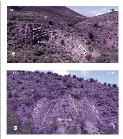 Figure 12: View of folds in the foothills; the folded strata correspond to the Lomitas PegadasFormation. A: Anticline NW strike. B: NE direction fold whose strata show a strong dip.