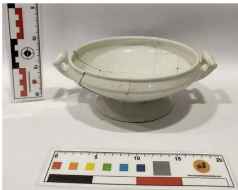 Fig. 5: From left to right, from top to bottom, we have a whole urinal, a strapless cup, a bonbonniere with a lid, and a reassembled Terrine.