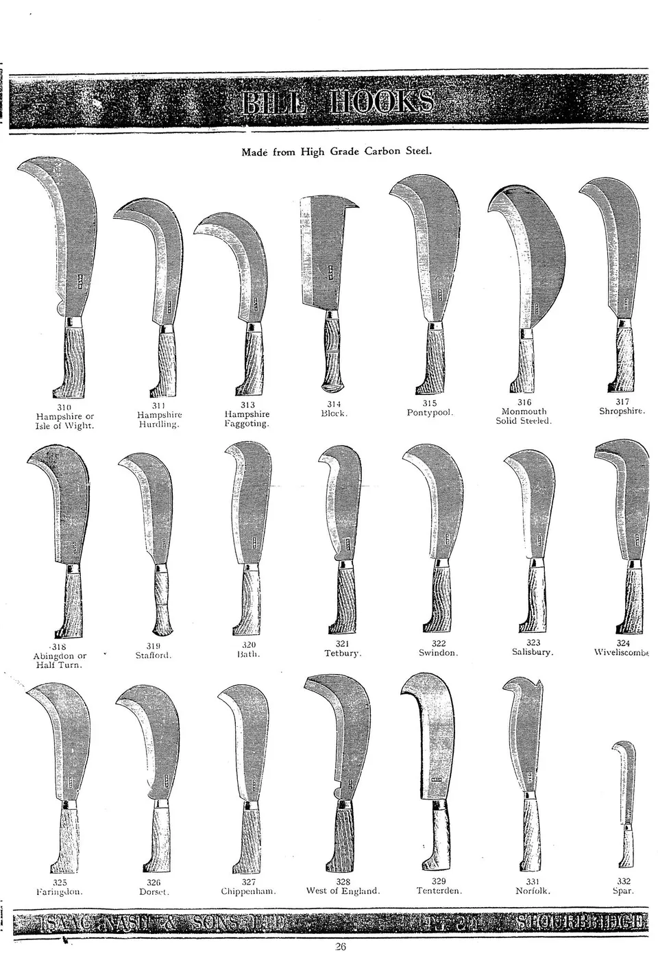 Fig. 8a. Regional billhook patterns, Isaac Nash & Sons, Stourbridge, 1939 catalogue.