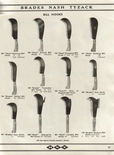 Fig. 8b. Regional billhook patterns, Brades Nash Tyzack catalogue, mid-20th century. Both plates illustrate the persistence of named regional variants of a single stable tool form into commercial production.
