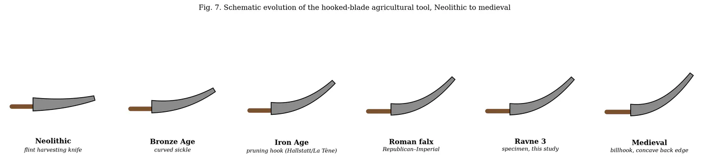 Fig. 7. Schematic evolution of the hooked-blade agricultural tool, Neolithic to medieval (original schematic silhouettes; not tracings of catalogued objects — see note above).