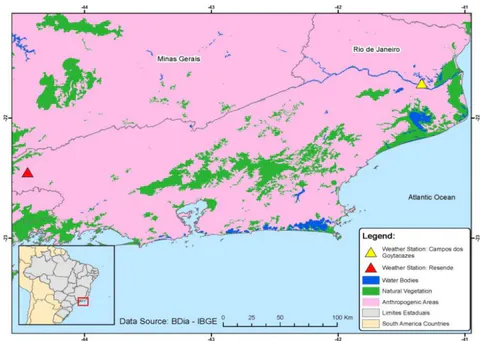 Figure 1: Study area comprising an expanded space in the Metropolitan Region of Rio de Janeiro. Water bodies in blue, natural vegetation in green, and areas with human action in pink. The stars signal the location of the INMET weather stations used in this study.