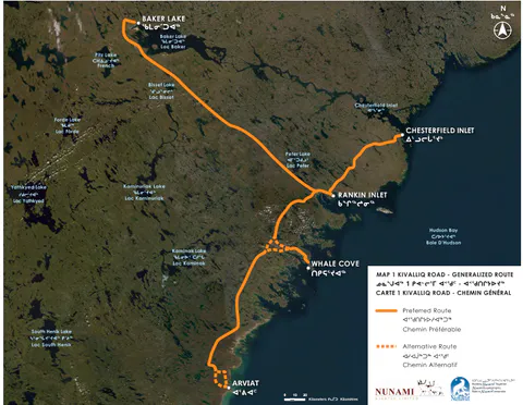 Route map of the proposed Kivalliq Inter-Community Road linking Arviat, Whale Cove, Rankin Inlet, Chesterfield Inlet, and Baker Lake