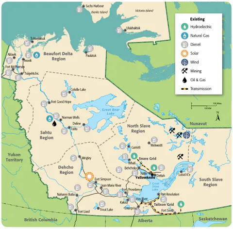 Overview map of Northwest Territories electricity generation facilities and transmission line networks