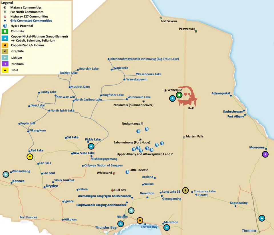 Map showing remote communities, mining sites, and proposed grid connection routes in Northern Ontario