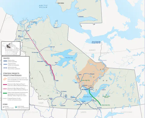 Map of Northwest Territories highlighting the Mackenzie Valley Highway and Arctic Economic and Security Corridor