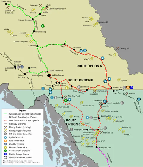 Map depicting Route Option A, Route Option B, and Route Option C for Yukon-BC grid connect with mining and energy sites
