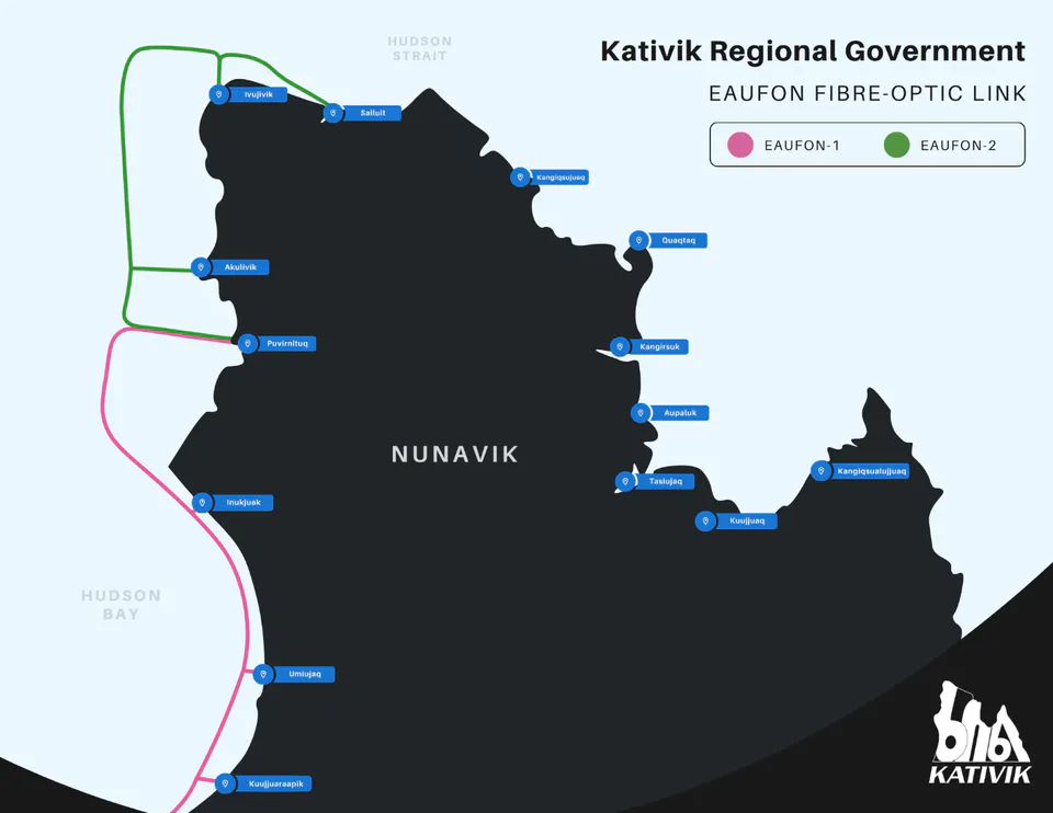 Map showing EAUFON-1 and EAUFON-2 submarine and terrestrial fibre-optic cable routes servicing coastal Nunavik communities