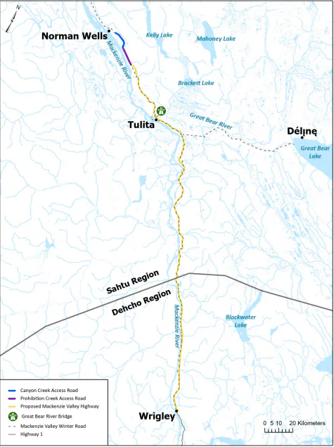 Detailed route alignment map of Mackenzie Valley Highway Phase 1 from Wrigley to Tulita and Norman Wells