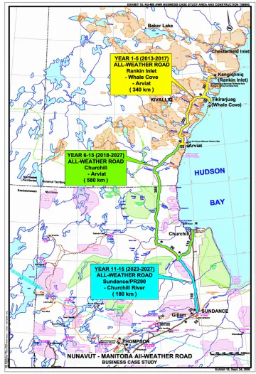 Business case route study map for the proposed all-weather road connecting Manitoba to Kivalliq communities