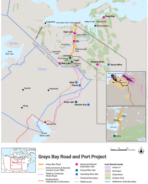 Project map of the proposed Grays Bay Road and Port illustrating alignment and adjacent mineral deposits in Nunavut