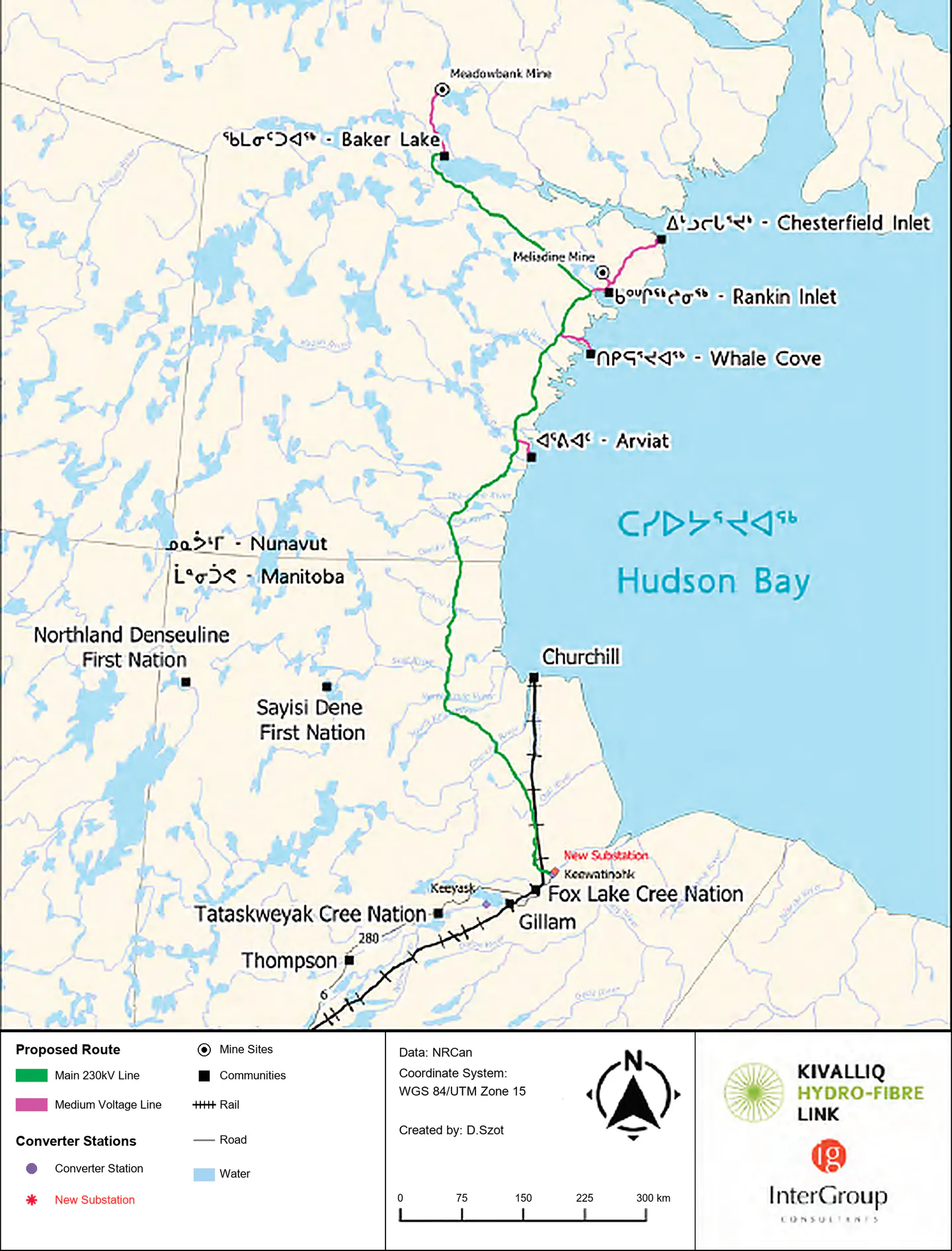 Infrastructure map displaying the proposed 230 kV transmission and fibre route from Gillam MB to Kivalliq communities NU