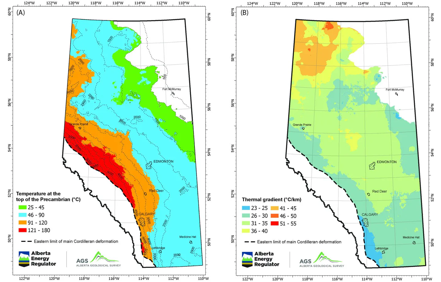 Thermal gradient maps of Alberta showing subsurface basement rock temperatures and geothermal heat distribution