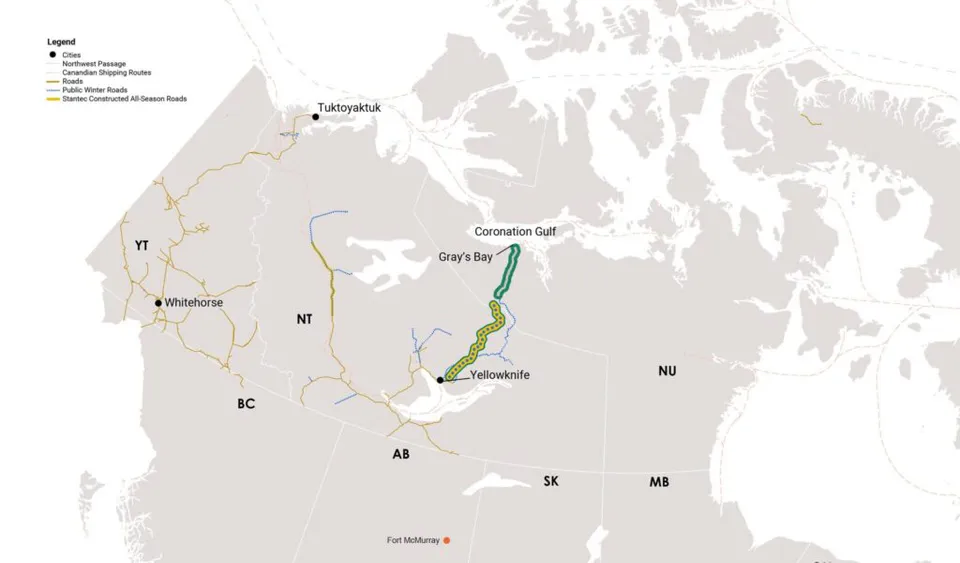 Coordinated planning map showing overland corridor from Yellowknife NT through the Arctic Corridor to Grays Bay Port NU