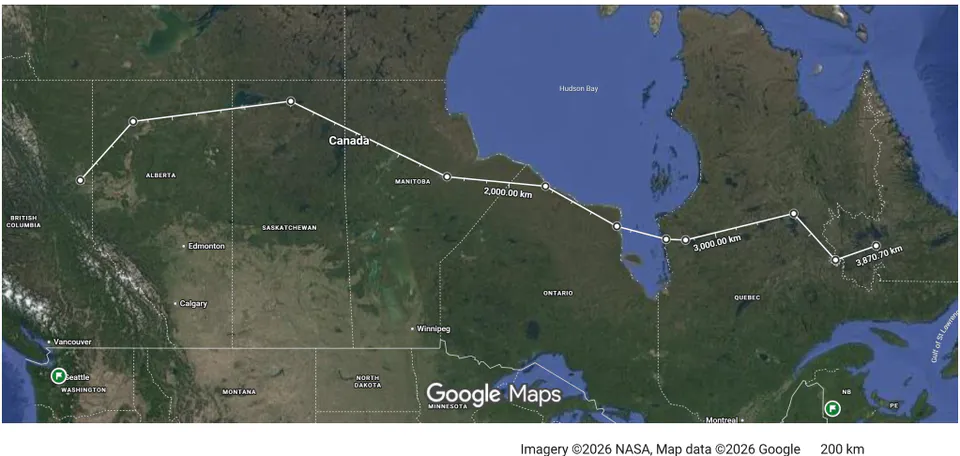 Geographical satellite map marking key road waypoints along the Northern Transportation Trunk