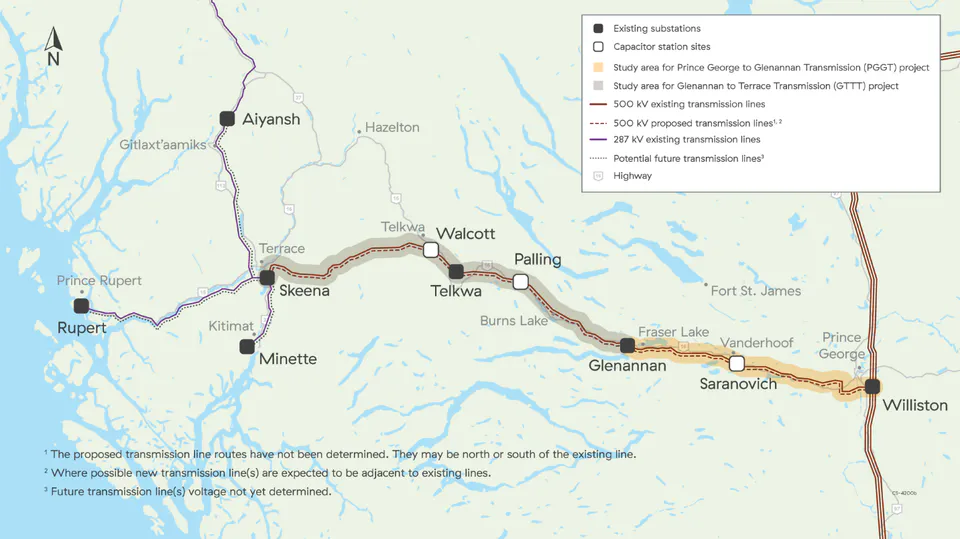 Route schematic of BC Hydro North Coast 500 kV transmission line project from Williston to Skeena substation