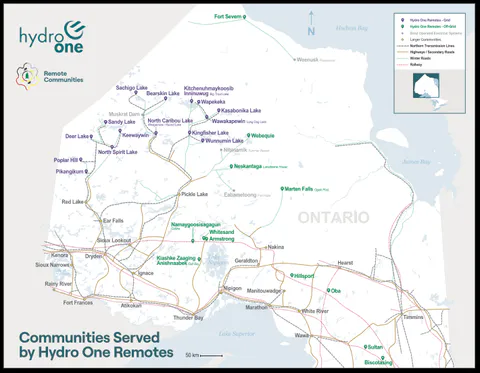 Map of remote Ontario communities showing existing paved roads and seasonal winter road corridors