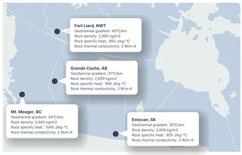 Map of Canada highlighting subsurface geothermal parameters at Fort Liard NWT, Grande Cache AB, Mt Meager BC, and Estevan SK