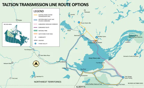 Map showing overland and submarine transmission route options around and across Great Slave Lake