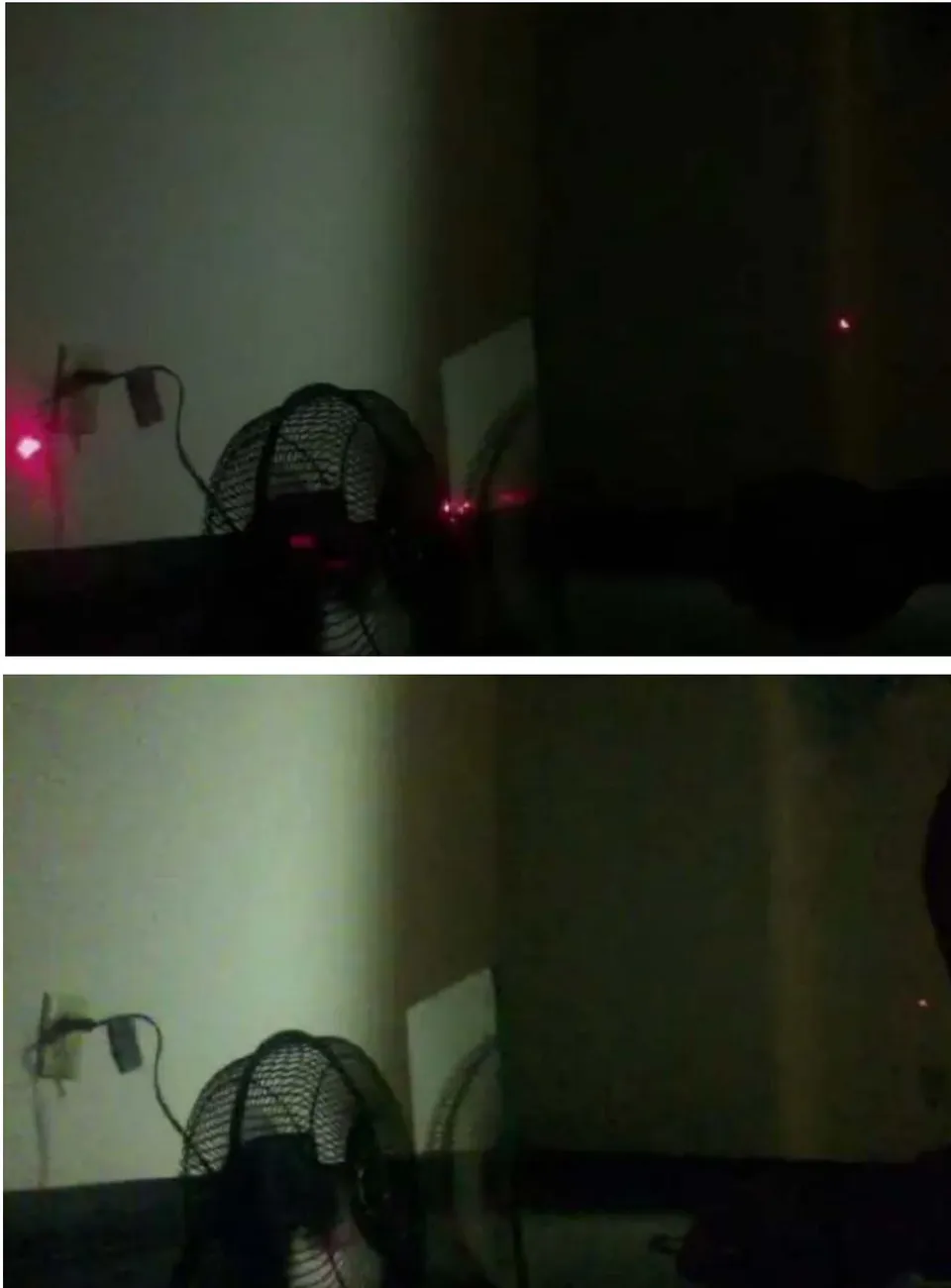 Fig. 2: Top photo shows experiment is progress with normal results. Laser is being fired out of frame to the right and impacts are moving left, beginning with the reflected hit on the right. Bottom photo shows a single, faint hit on the right and nothing else. That faint hit is an anomalous hit with no cause, matching Plaga's prediction for successful results for a many-worlds experiment
