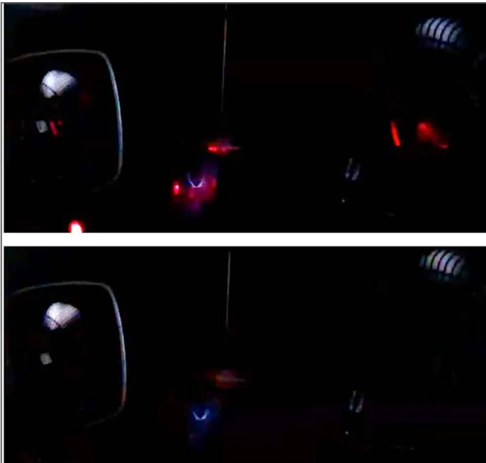 Fig. 6: Top photo shows the full array of my many-worlds test, red laser pulses moving left to right across the frame, the AOM just slightly left of center displaying multiple interior hits. In the bottom photo it is the only thing lit, aside from those things reflecting the strobes with white or bluish light. A single faint anomalous hit is seen within the AOM, proving the phenomena is not shutter roll induced