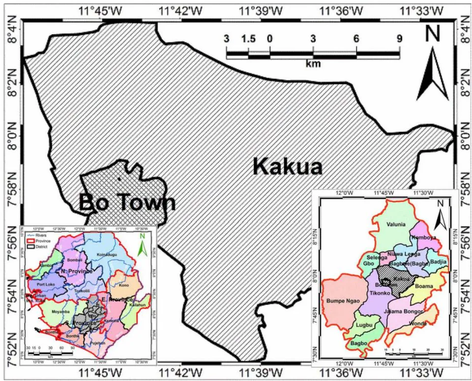 Fig. 1: A map of Sierra Leone (inset on left) depicting Bo District (in stripes), a map of the district (inset on right) depicting Kakua Chiefdom (in strips), and then the main map depicting Kakua Chiefdom and Bo township (the study area).
